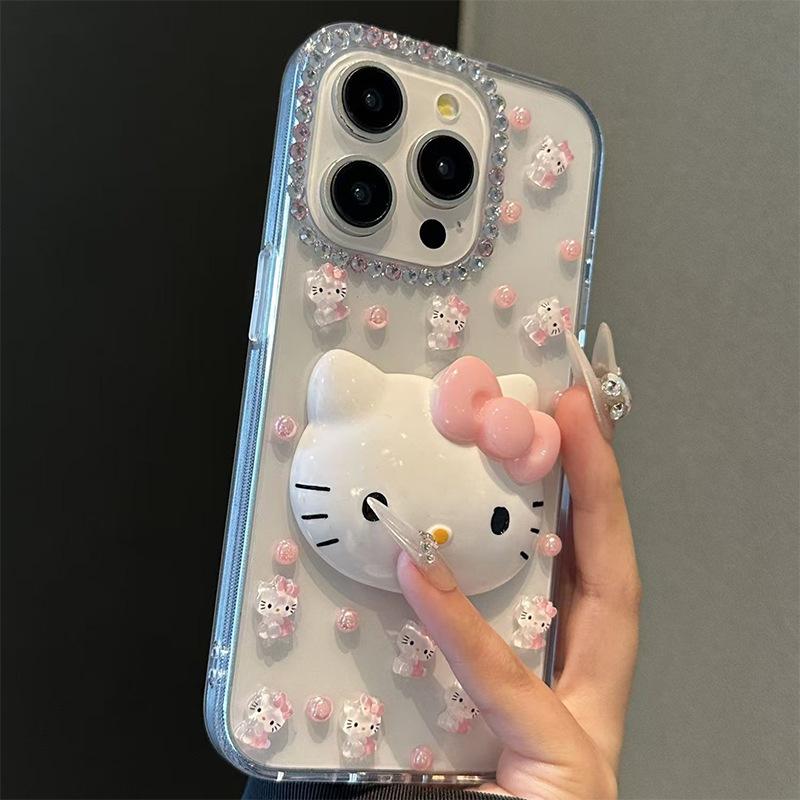 Rhinestone Pink Beads Kt Cat Mobile Phone Case for Iphone15Promax Transparent Iphone16 Acrylic 14