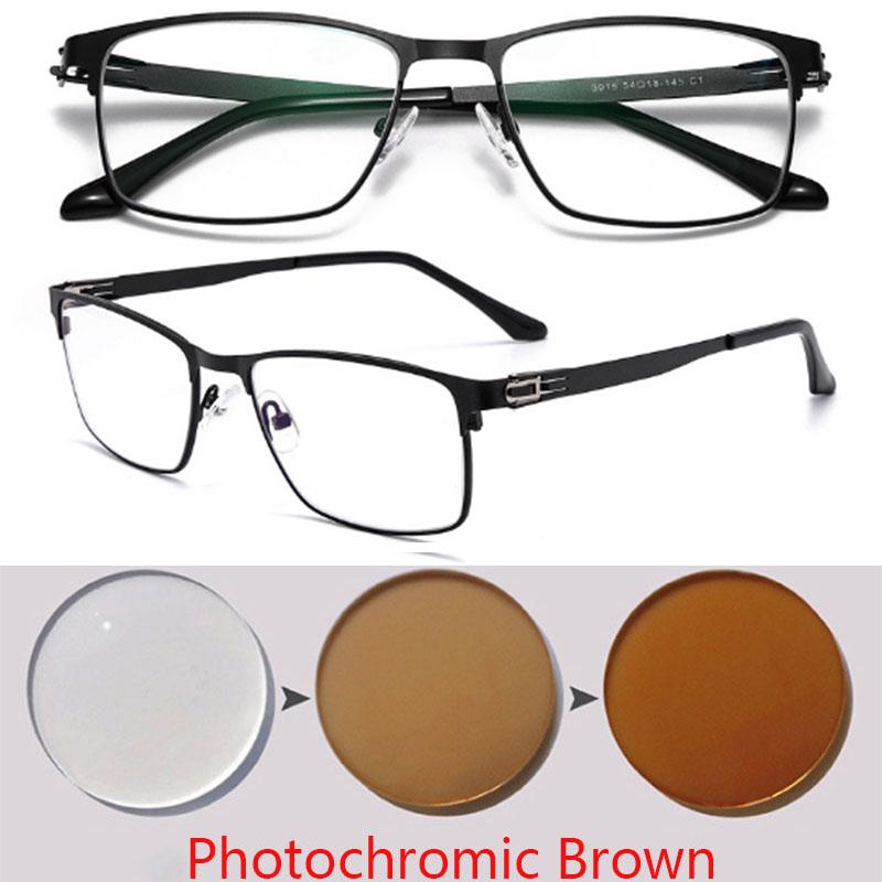 No Screws Design Sun Photochromic Gray Square Prescription Eyeglasses Full Metal Men Power Spectacles 0 -0.5 -0.75 -1.0 To -6.0