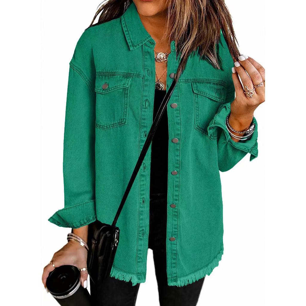 Women Denim Shirt Full Length Jackets Single Breasted Outerwear Washing High Street Cardigan Pockets Loose Coat