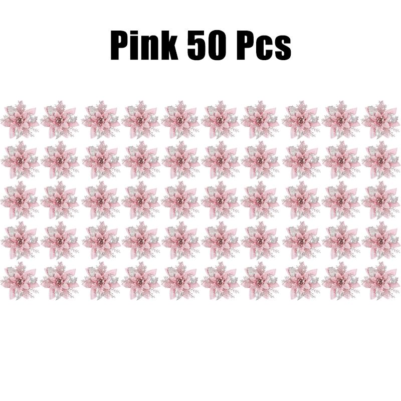 10/30/50PCS Glitter Christmas Flowers Fake Flower Tree Decorations 2026 Home Tree Pendant Ornaments Navidad New Year Gift