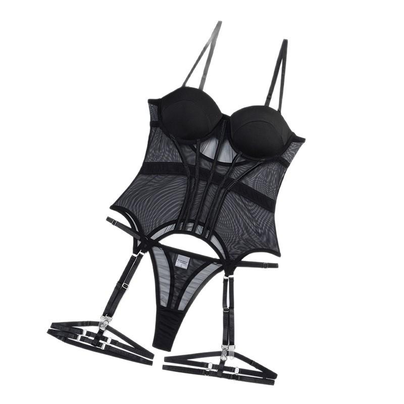 Lingerie European and American sexy lingerie women's ultra-thin mesh gathered bra leg ring three-piece set