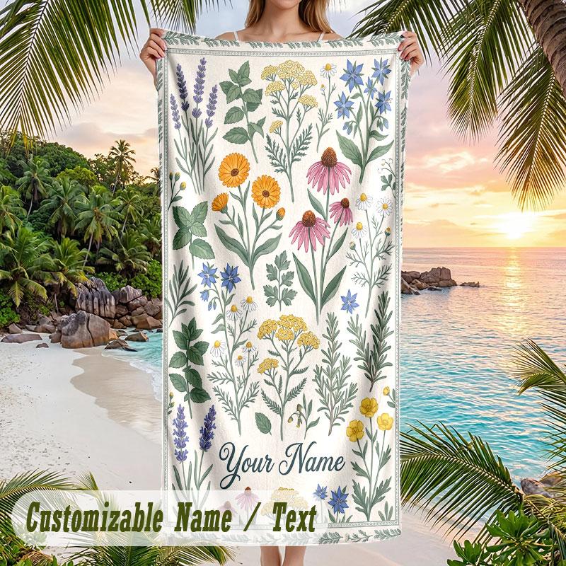 Floral Garden 3 Theme Quick Dry Beach Towel Custom Name Text Print Large Sand Resistant Towel Beach Vacation