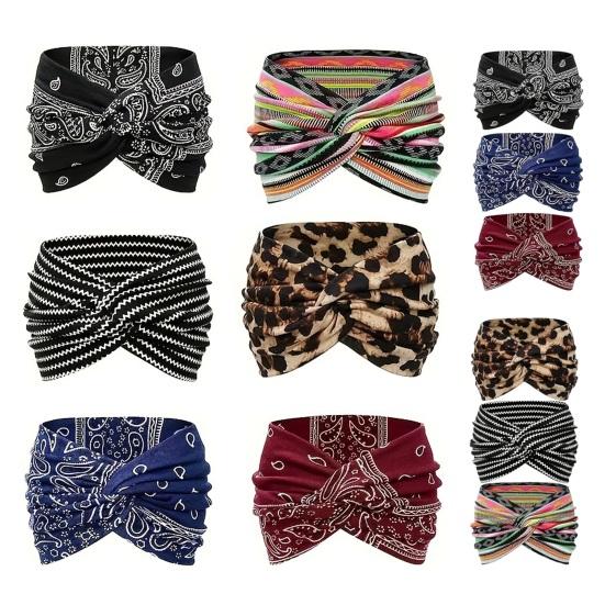 1/3Pcs Crossover Yoga Headband Boho Style Wide Tie-Dye Leopard Paisley Print Hairband Women Non-Slip Elastic Headband