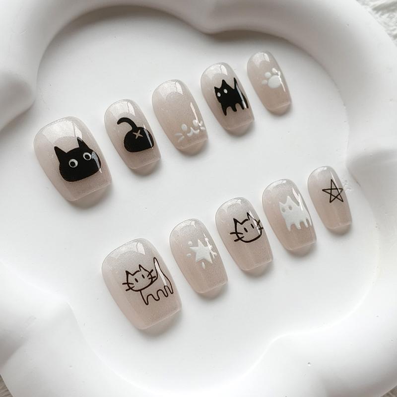 10 Pcs Cute Music Cat French Press On Nails With Cat Eye Star Print Reusable Fake Nail Art Stickers