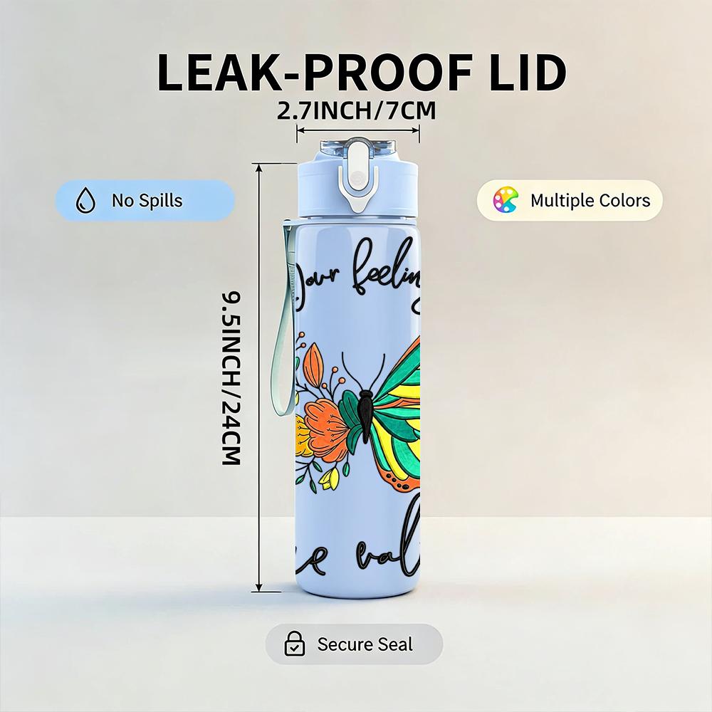 1PC Teal Butterfly Floral Quote 750ml Color Plastic Sports Water Bottle Leakproof Flip Straw Lid Suitable for Sports Office Home Use