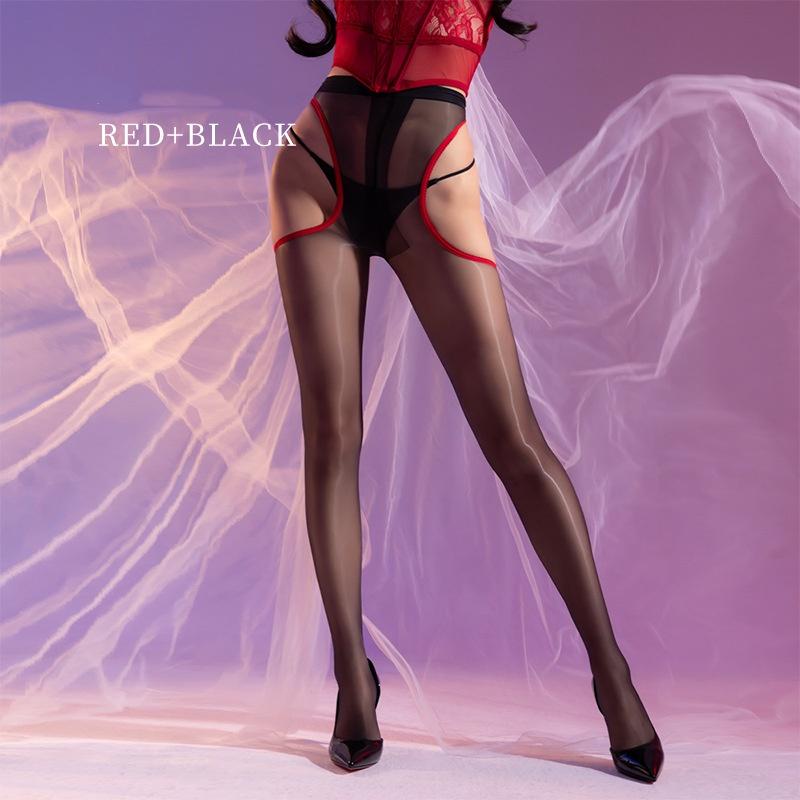 Women Sexy Oil Shiny Sockings Hollow T-Crotch Temptation Stockings Transparent Slim Pantyhose Ultra Thin Sheer Night Club Wear