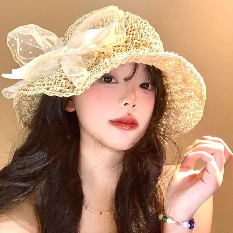 Butterfly Knot Lace Sun Hat For Women Summer Beach Sun Protection Foldable Wide Brim Fashion Accessory