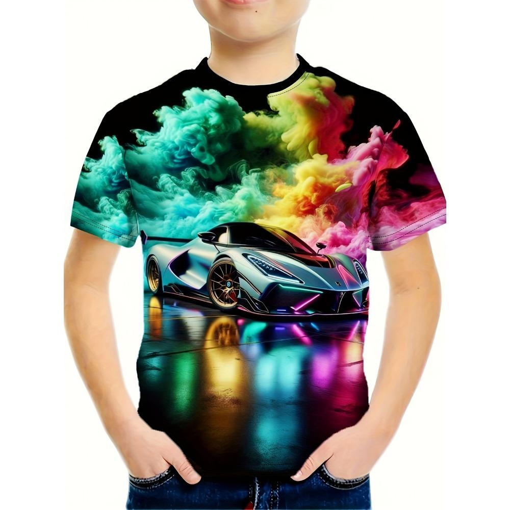 

Детская одежда. Красочные футболки с 3D-графикой гоночных автомобилей. Одежда с коротким рукавом для мальчиков. Футболки. Футболки с круглым вырезом для детей. 110