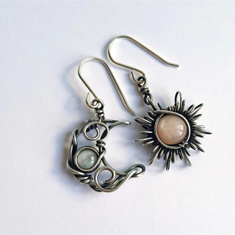 Boho Women ESun Moon Dangle Moonstone Asymmetric Hook Earrings