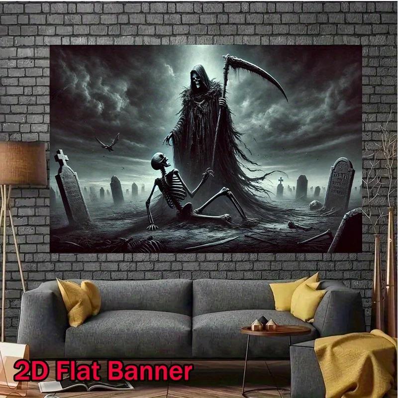 2D plane, 1 piece of Gothic Halloween Grim Reaper and Skull scene poster - Large 8x6 feet eerie cemeteryDJH