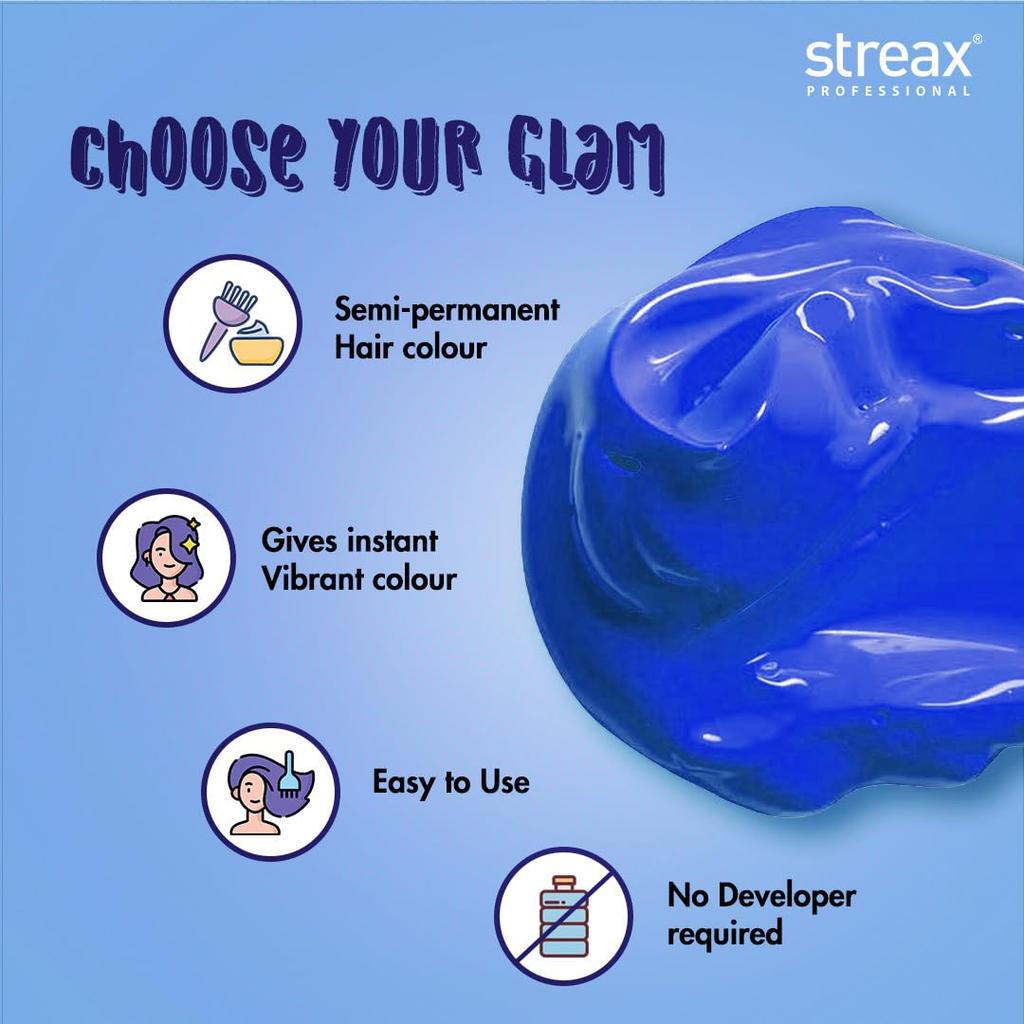 Streax Professional Hold And Play Semi Permanent Hair Colour Wonder Blue | Ammonia Free Vibrant Temporary Hair Dye For Bold Stylish Look