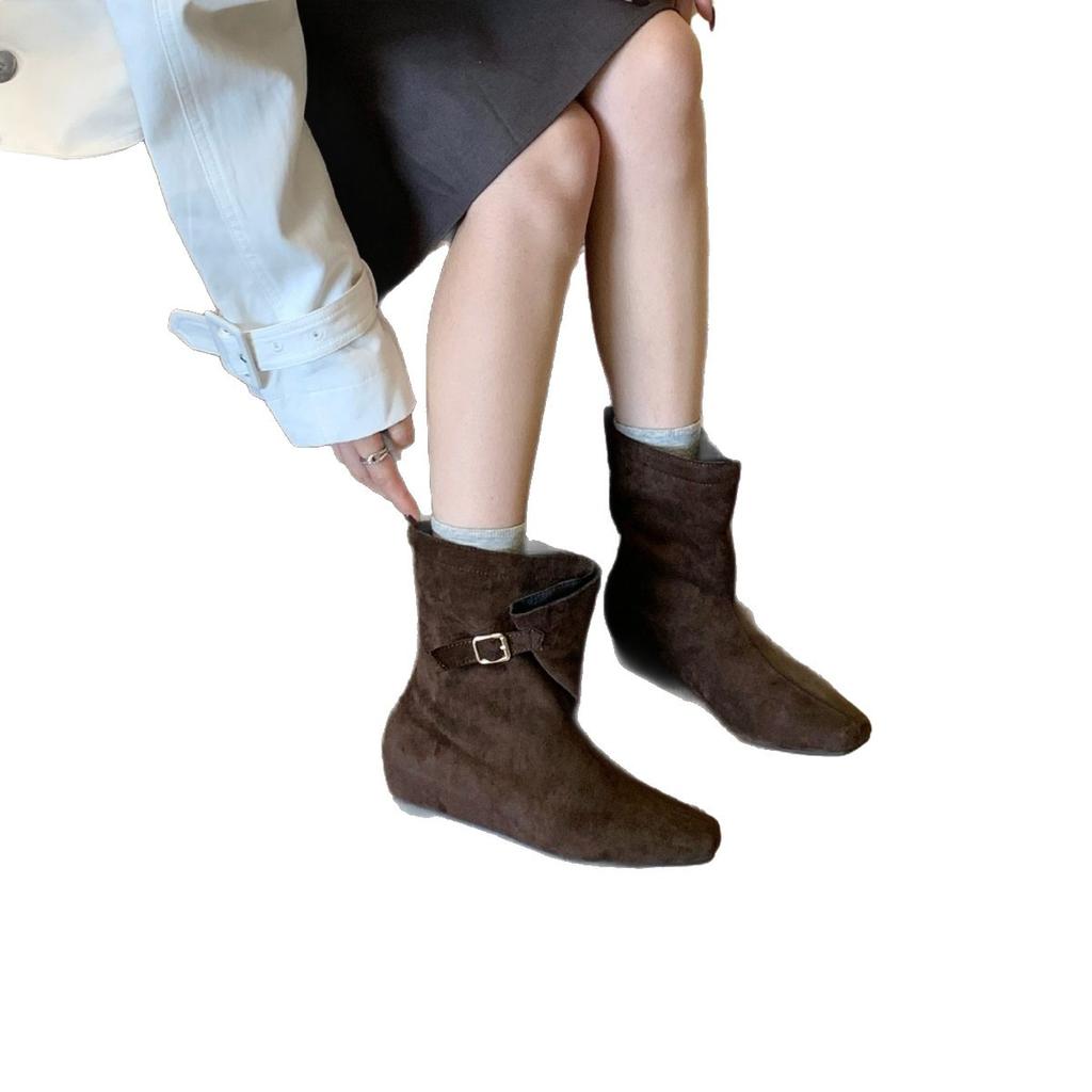 French retro short boots women's autumn new soft leather belt buckle inner slope heel thin Martin boots