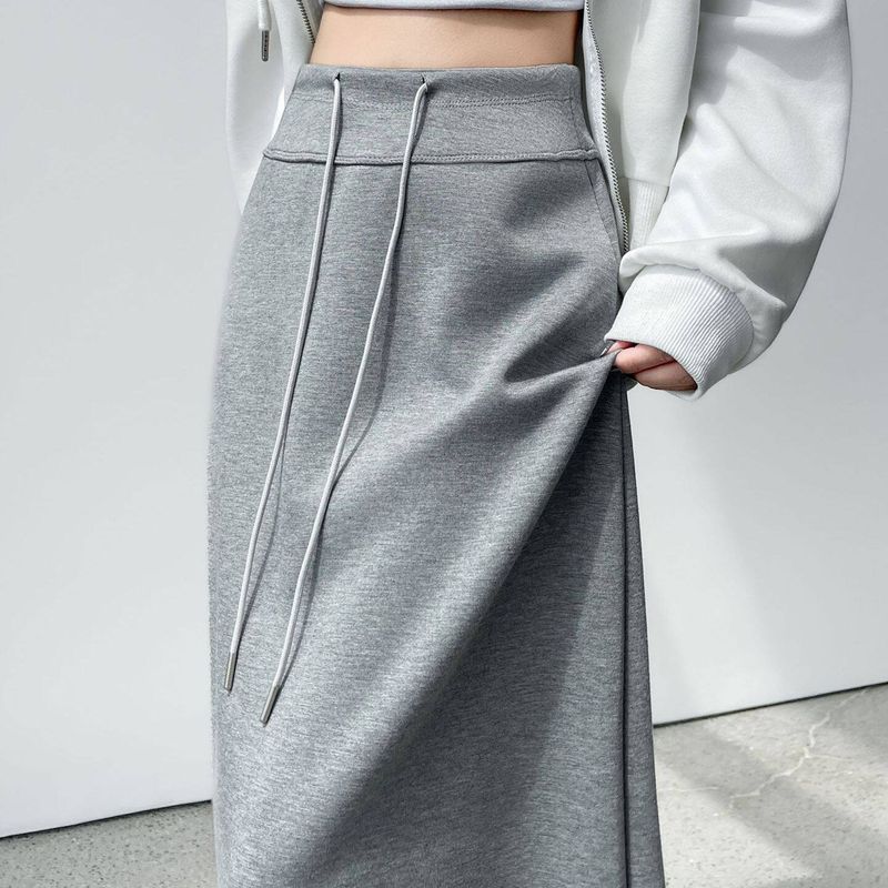 Gray Sports Skirt New Style High-Waisted Straight-Cut Slit Elastic Slimming Drape Drawstring Casual Long Skirt
