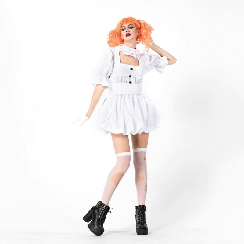 Halloween Ghost Doll Clown Return Night Costume Adult Performance Costume Pure White Dress Set