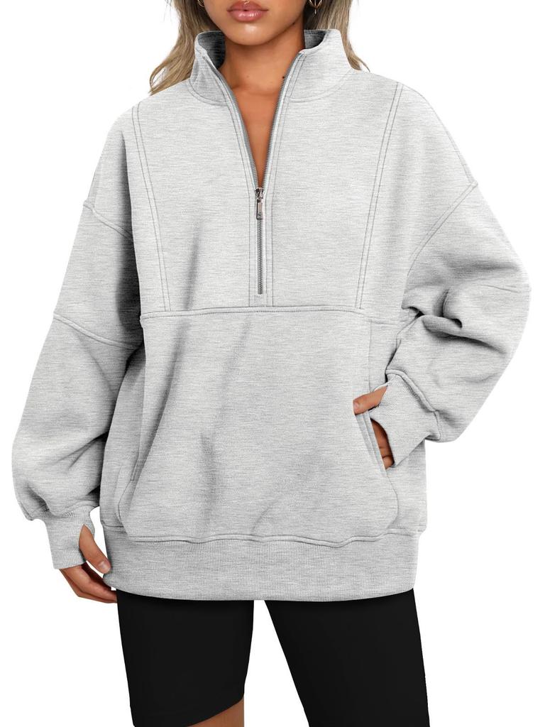 Women's Fleece Hoodie with Pockets, Half Zip, Loose Fit, Contrast Collar, Warm Lined
