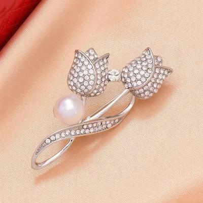 1PC Tulip Flower Imitation Pearl Brooch Shiny CZ Full Of Rhinestone Women's Brooches Metal Pins Party Badge Gifts