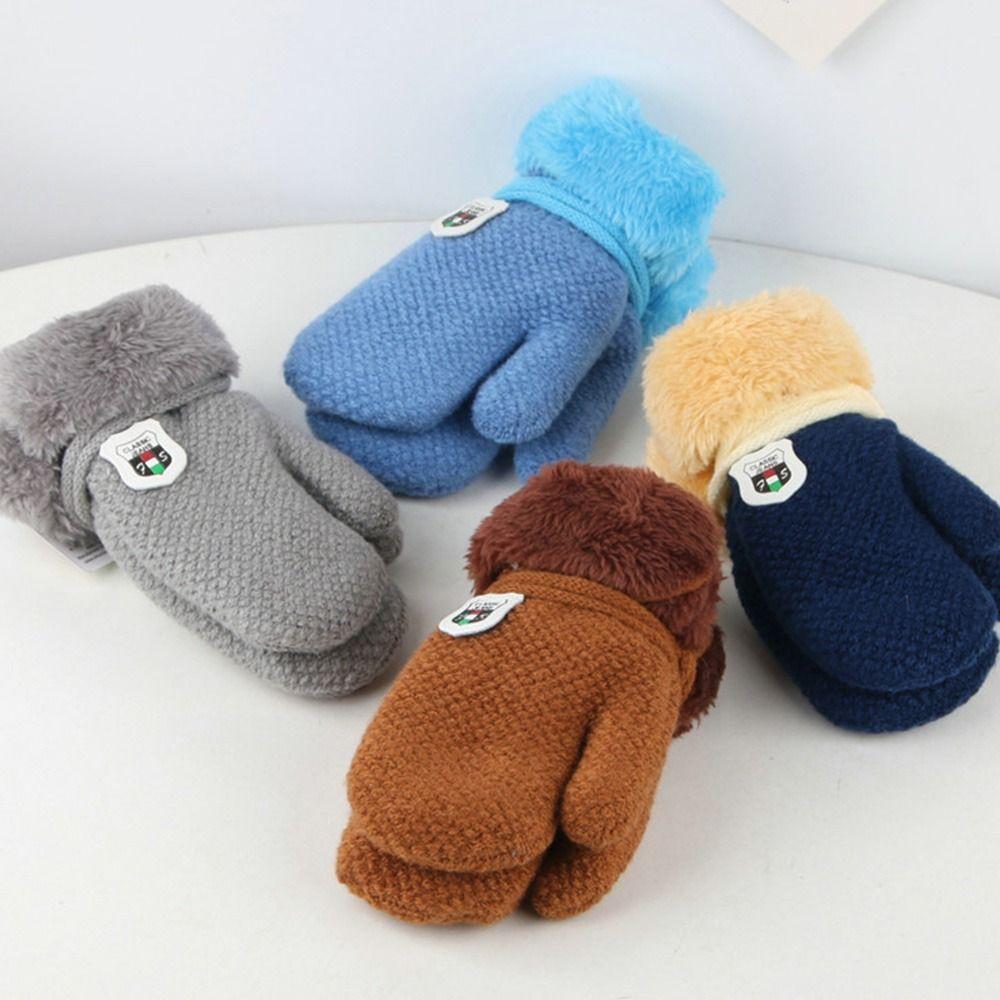 Children Hanging Neck Plush Kids Gloves Cute Knitted Mittens Thick Warm