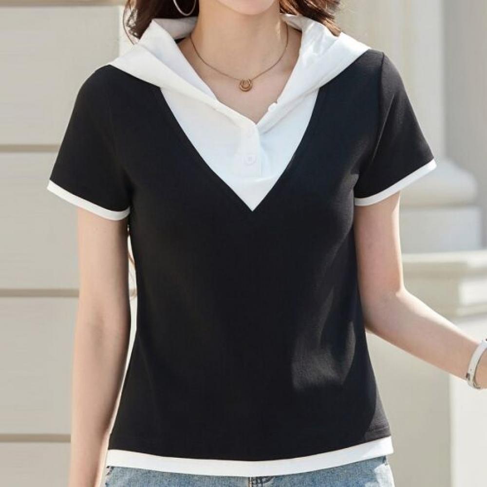 Navava Women S caSual Color Blocked Hooded ShorT Sleeve T ShirT nT3336