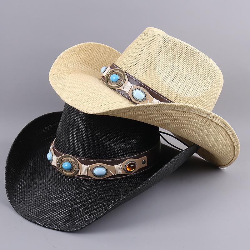 202602-2F040A Ins Chic Summer Western Cowboy Grass Belt Imitation Gemstone Fedoras Hat Outdoor Men Women Panama Jazz Cap
