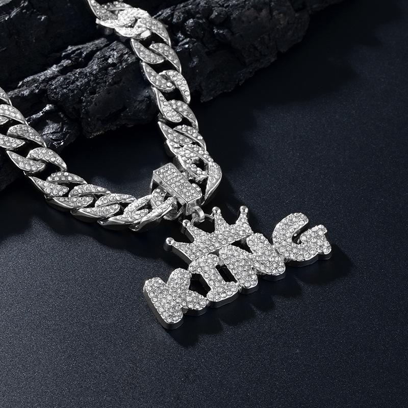 European-American Style Crown 'KING' Full Diamond Pendant on Thick Cuban Chain - Trendy Men's Hip Hop Jewelry