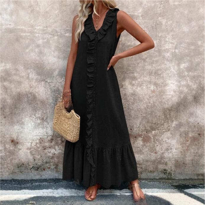 VEZFAA Women's Fashion Summer Spring Solid Color Print Sleeveless V-Neck Loose Waistline Casual Dresses