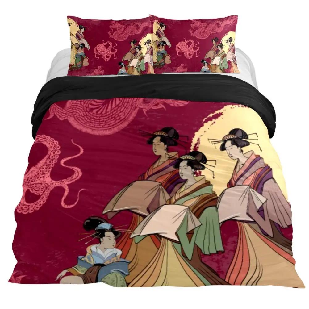 Japanese Geisha King Queen Duvet Cover Red Woman Bedding Set For Kids Teens Adults Koi Fish Eastern Culture 2/3Pcs Quilt Cover