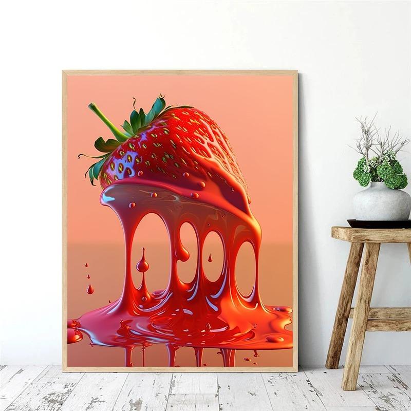 Strawberry Fruit Poster Abstract Red Strawberries Juice Canvas Painting Wall Art for Kitchen Orchard Living Room Home Decor