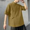 INCERUN Vintage Men Summer Stand Neck Short Sleeve Side Buttons Casual Traditional Style Shirts