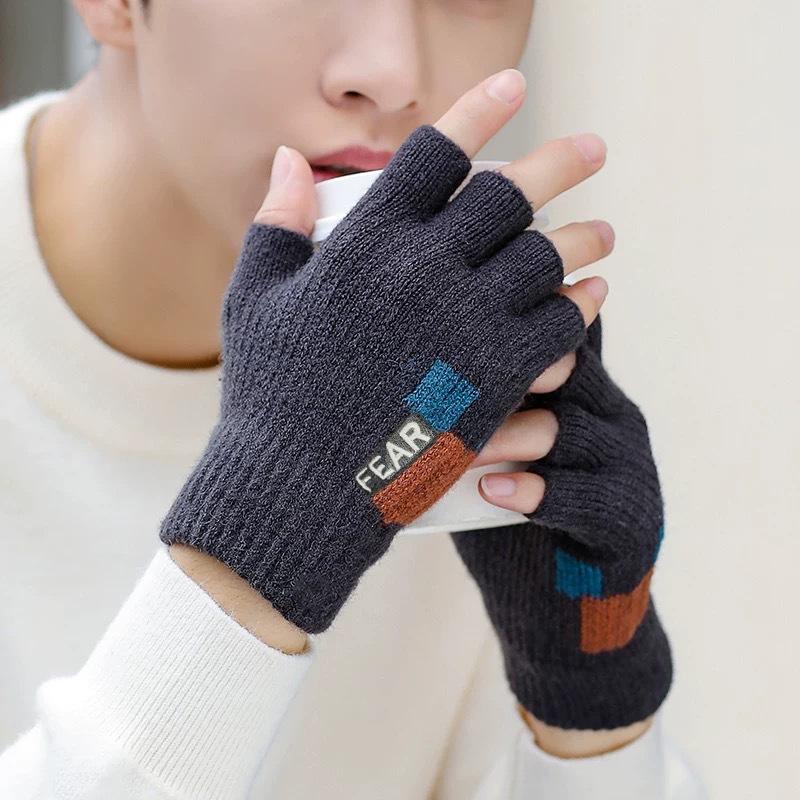Warm Half Finger Gloves Men Exposed Fingers In Winter Half Fingerless Cycling and Driving Thick Wool Knitted Fingers To Prevent Cold
