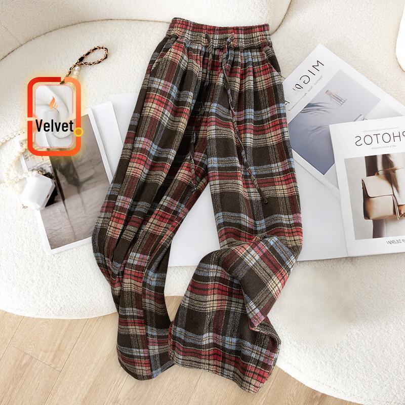 

Women s Retro Color-Block Plaid Fleece-Lined Wide-Leg Trousers M