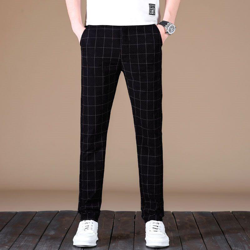 Men's Black White Grid Pattern Slim-Fit Pants Elastic Waist Casual Trousers Daily Office Fashion Long Pants