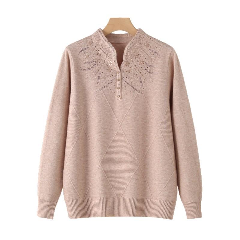2026 Stylish Knit Qipao Collar Top for Middle-Aged and Elderly Women - Fashionable Autumn/Winter Sweater