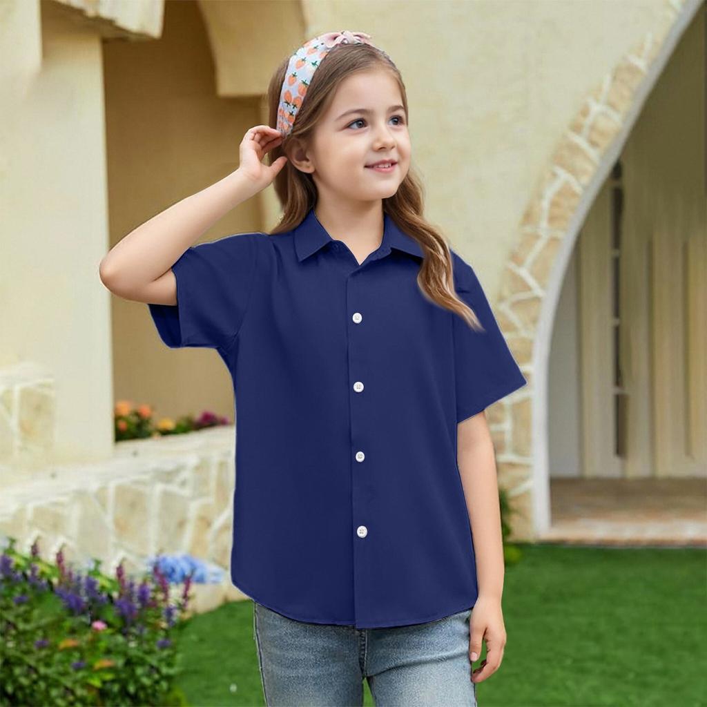 Summer Girls' Short Sleeve Blouse School Uniform Button-Up Shirt Kids Summer School Uniform Button Down Shirt