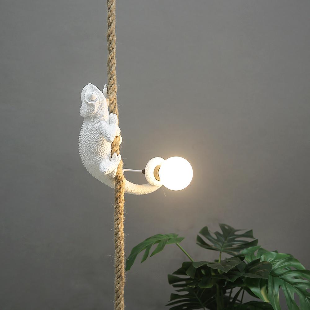 Resin White color chameleon Pendant Light For Living Room Hemp Rope Pendant Lamp Art Study Room Led lizard Animal Light Fixtures