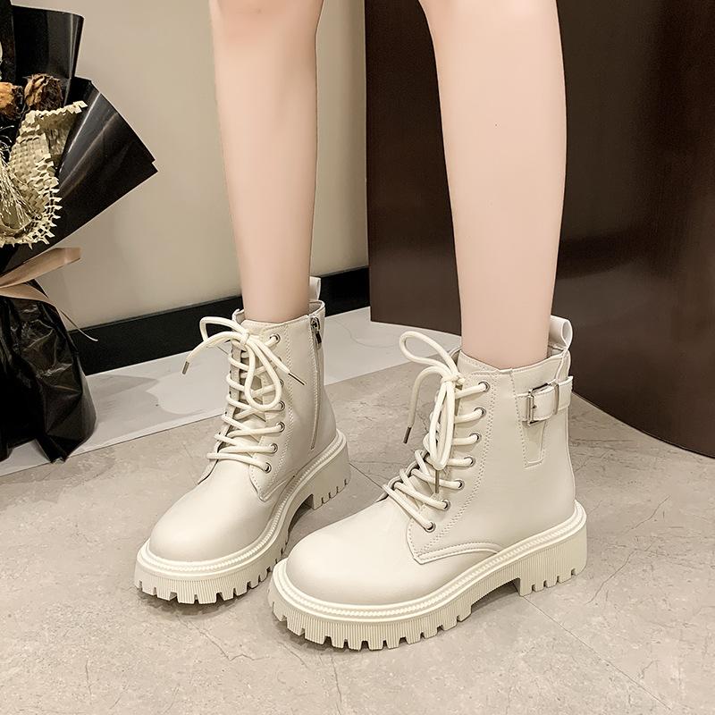 Large Size Short Boots Women's 2025 Martin Boots Women's British Style Belt Buckle Lace-up Black Short Boots Autumn and Winter Boots