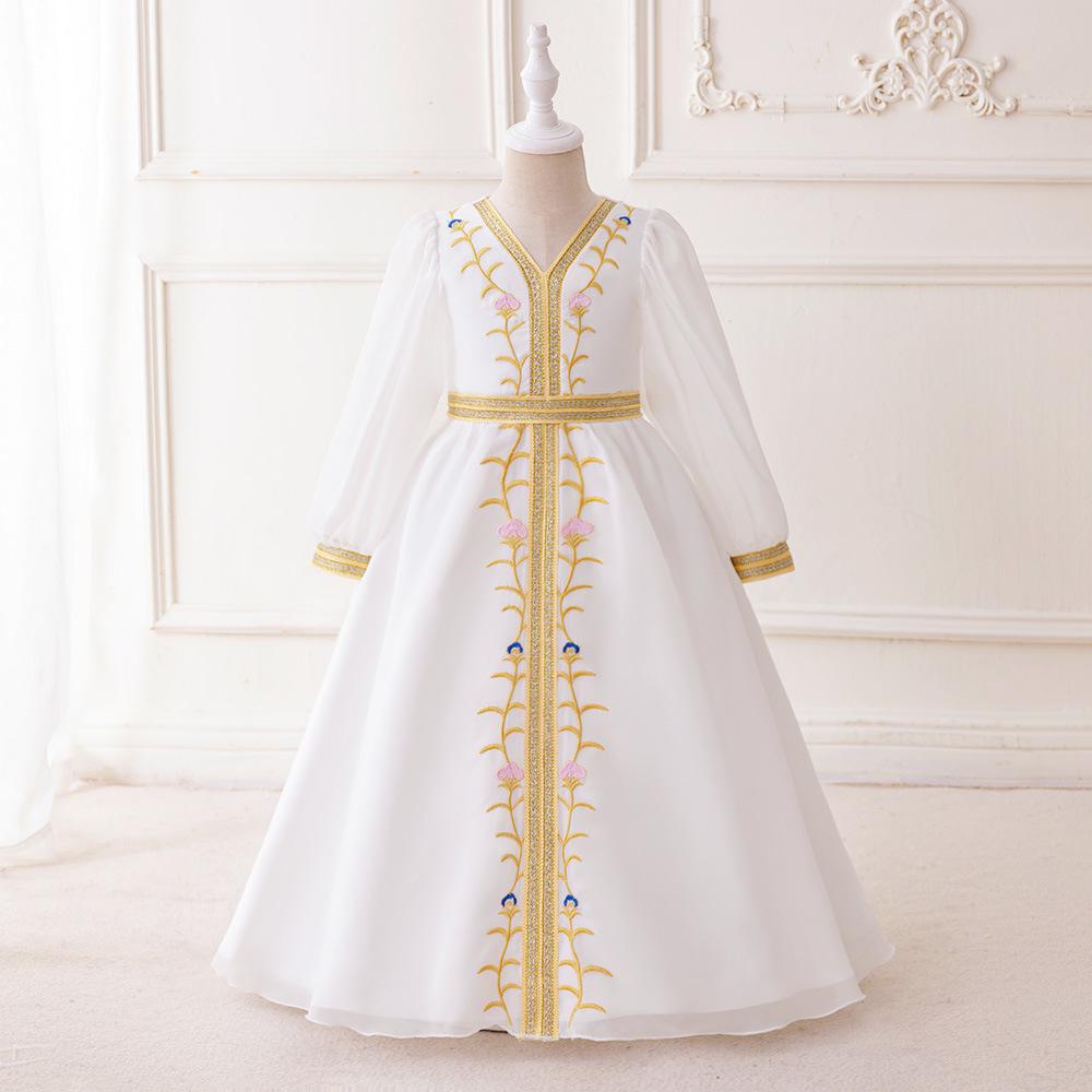 Middle Eastern Muslim Women's V-Neck Lantern Sleeve White Maxi Dress