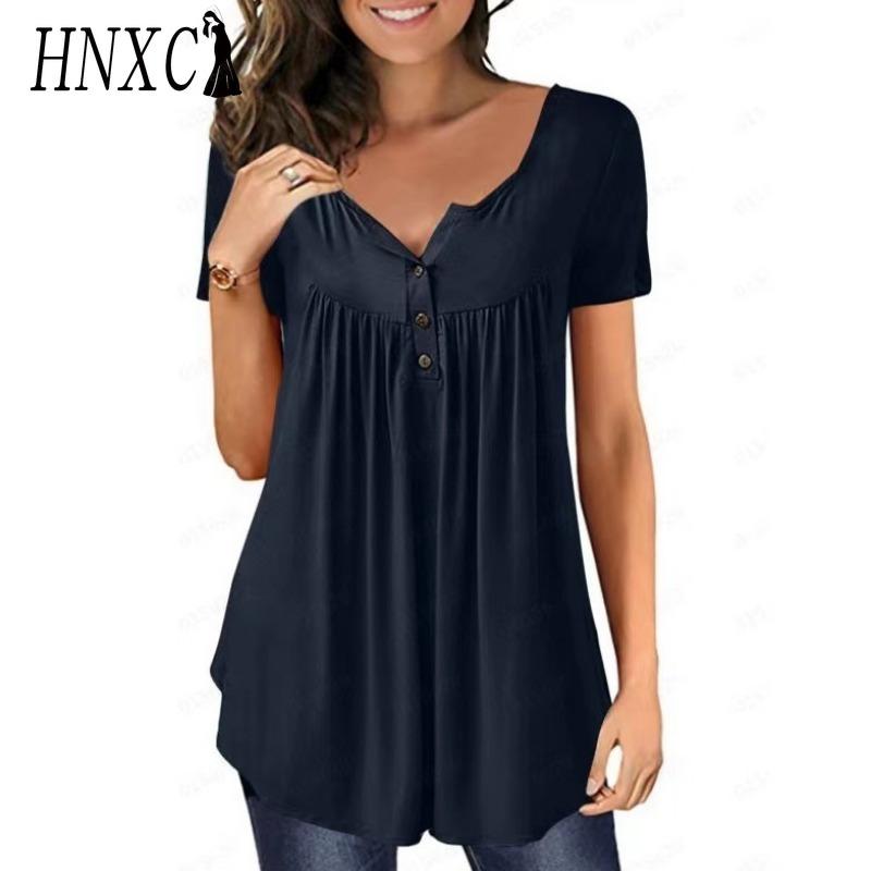 HNXC Women's Fashion Casual Solid Color Print Short Sleeve Blouses & Shirts