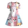 Cute Cartoon Cat Print Dress for Girls Childrens Casual Short Sleeved A-line Swing Dress Suitable for Birthday Gifts and Parties