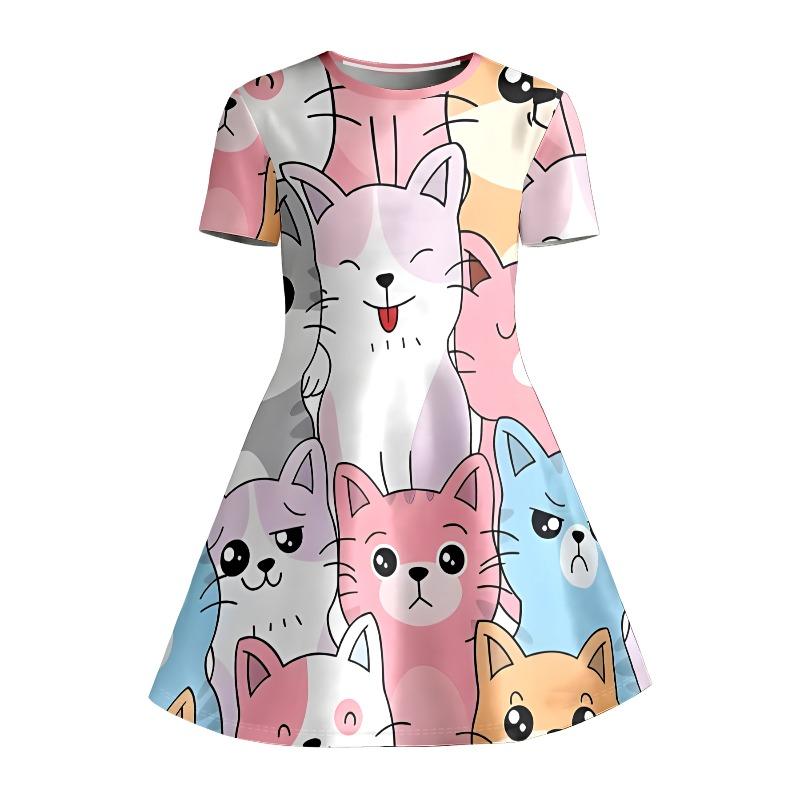 Cute Cartoon Cat Print Dress for Girls Childrens Casual Short Sleeved A-line Swing Dress Suitable for Birthday Gifts and Parties