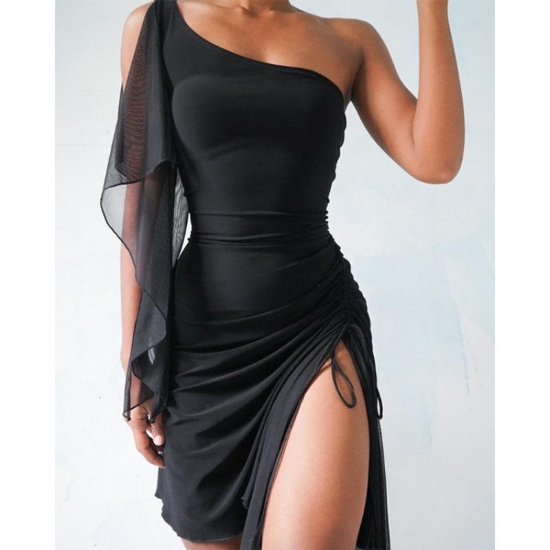 Medium and long 2026 new off-shoulder mesh sleeve split skirt hem drawstring medium and long dress women S