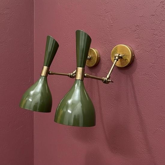 Mid Century Modern Brass Wall Sconce Pair Italian Diabolo Olivine Green Wall Light Adjustable Bedside Reading Lamp Style Decor