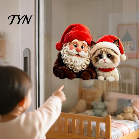 Festive Window Art for Holidays Christmas Santa Claus & Cat Static Clings, PVC Waterproof Glass Stickers, Seasonal Home Decor Windows Decorative
