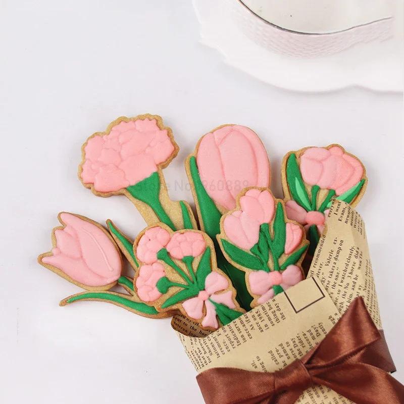 Tulip Rose Sunflower Bouquet Biscuit Embosser Stamp Mold Happy Mother's Day Flower Shaped Cookie Cutters Baking Cake Decor Tools