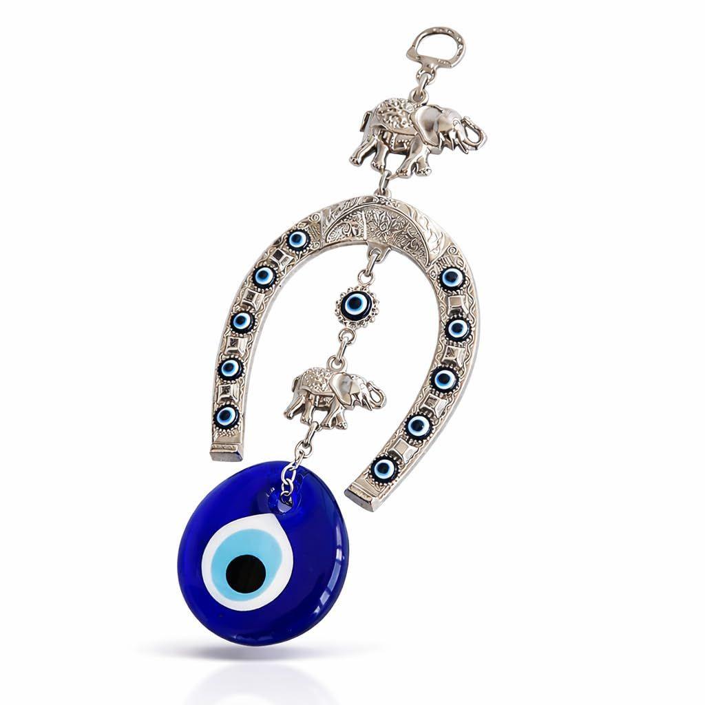Ornamento Suspenso de Cavalo Turco de Prata Azul Olho Grego com Elefante para Entrada de Casa