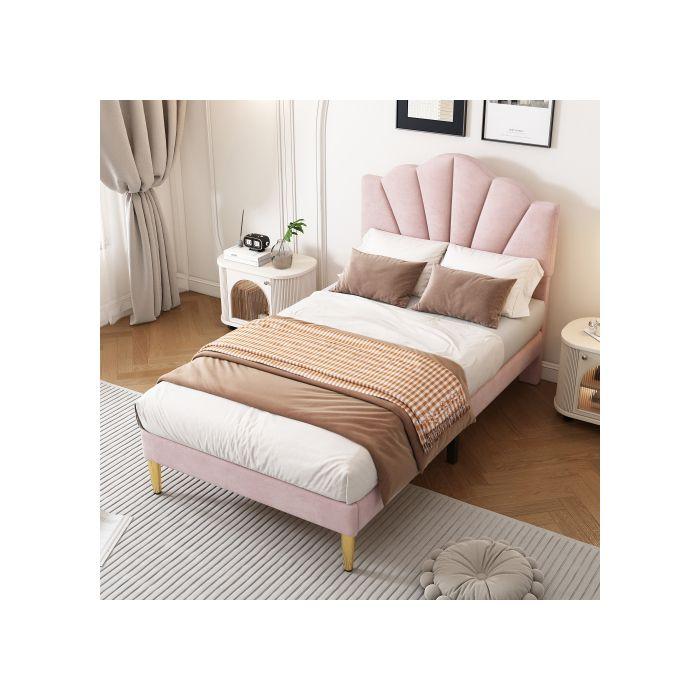 Lit en velours - 90x200 cm - Coquillage - Pieds en fer doré - Tête de lit réglable