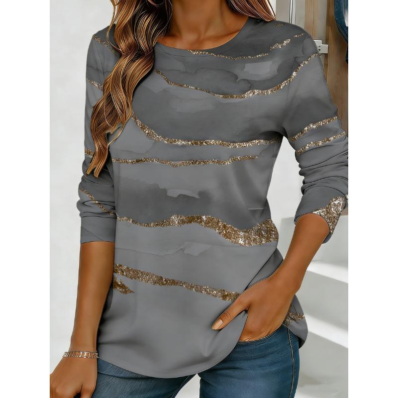 Women Long-sleeved Loose Round Neck Top, Casual Everyday Street Style with Elegant Design.
