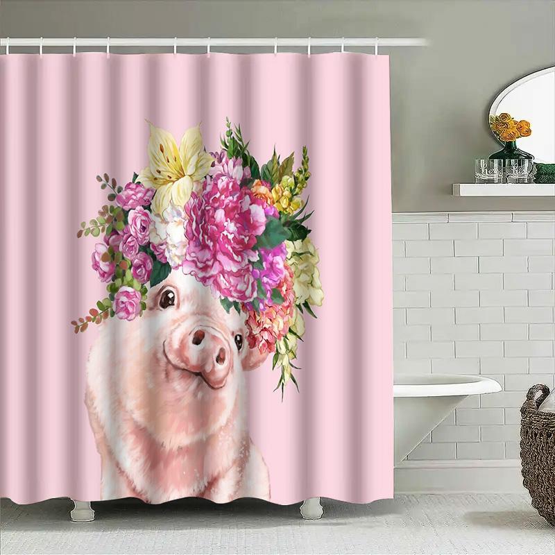 Cute Pig Shower Curtain Farmhouse Bathroom Decor Floral Animal Pattern Waterproof Fabric Washable Liner