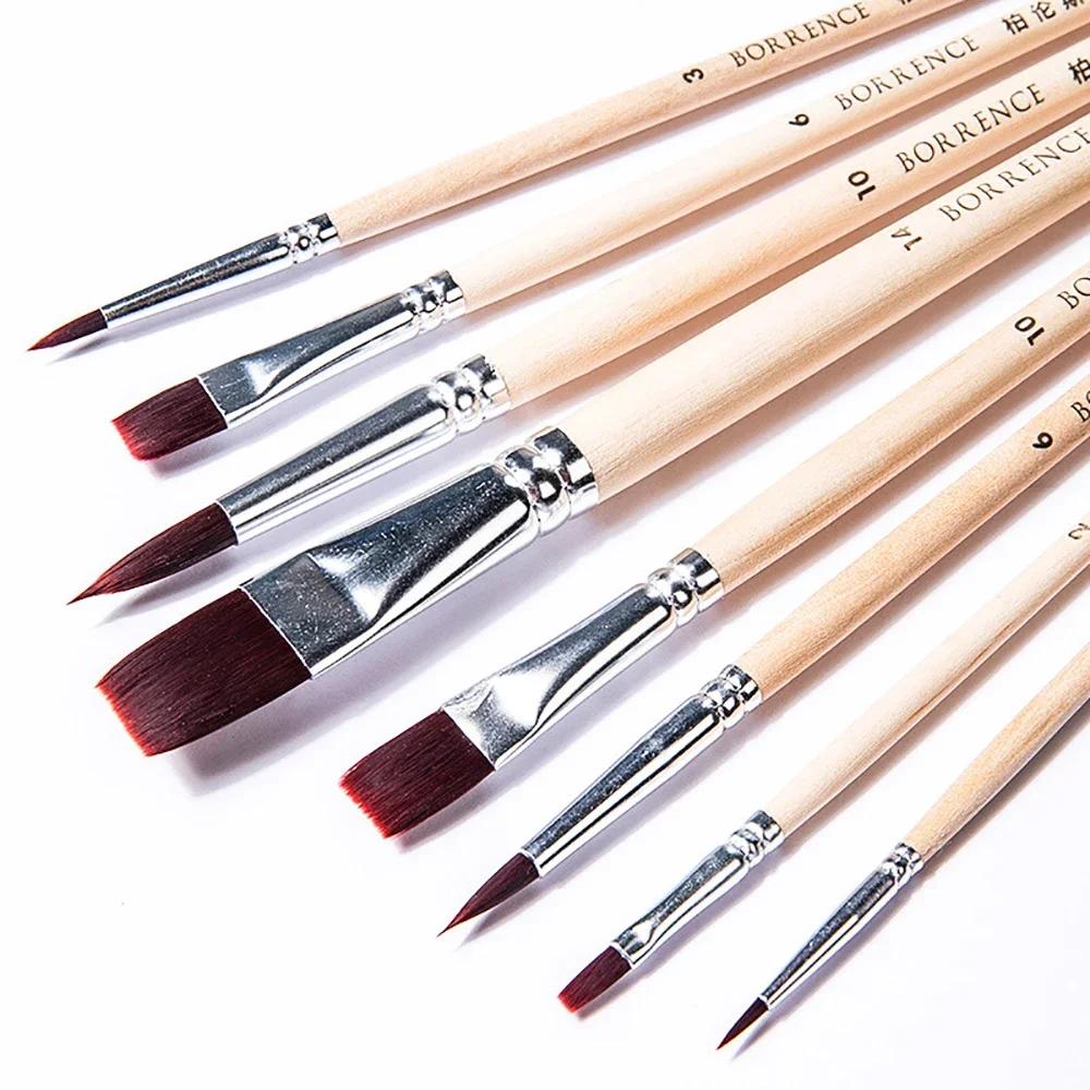 8pcs Watercolor Brush Pointed Round Flat Head Soft Hair Beginner's Art Student Hand Drawn Watercolor Nylon Painting Material
