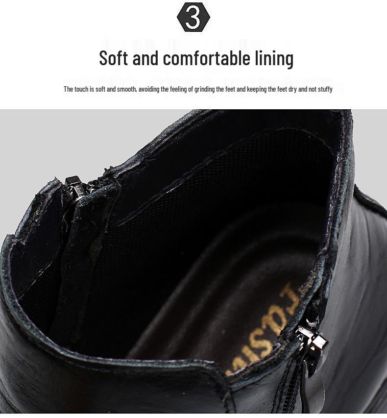 Men's Plus Size Retro Leather Round Toe Boots with Side Zipper - Breathable Cotton Low Heel Martin Boots.