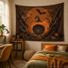 Purple Halloween Tapestry – Lit Pumpkin, Crescent Moon, Spiderweb Design, Flying Bats, Room Decor